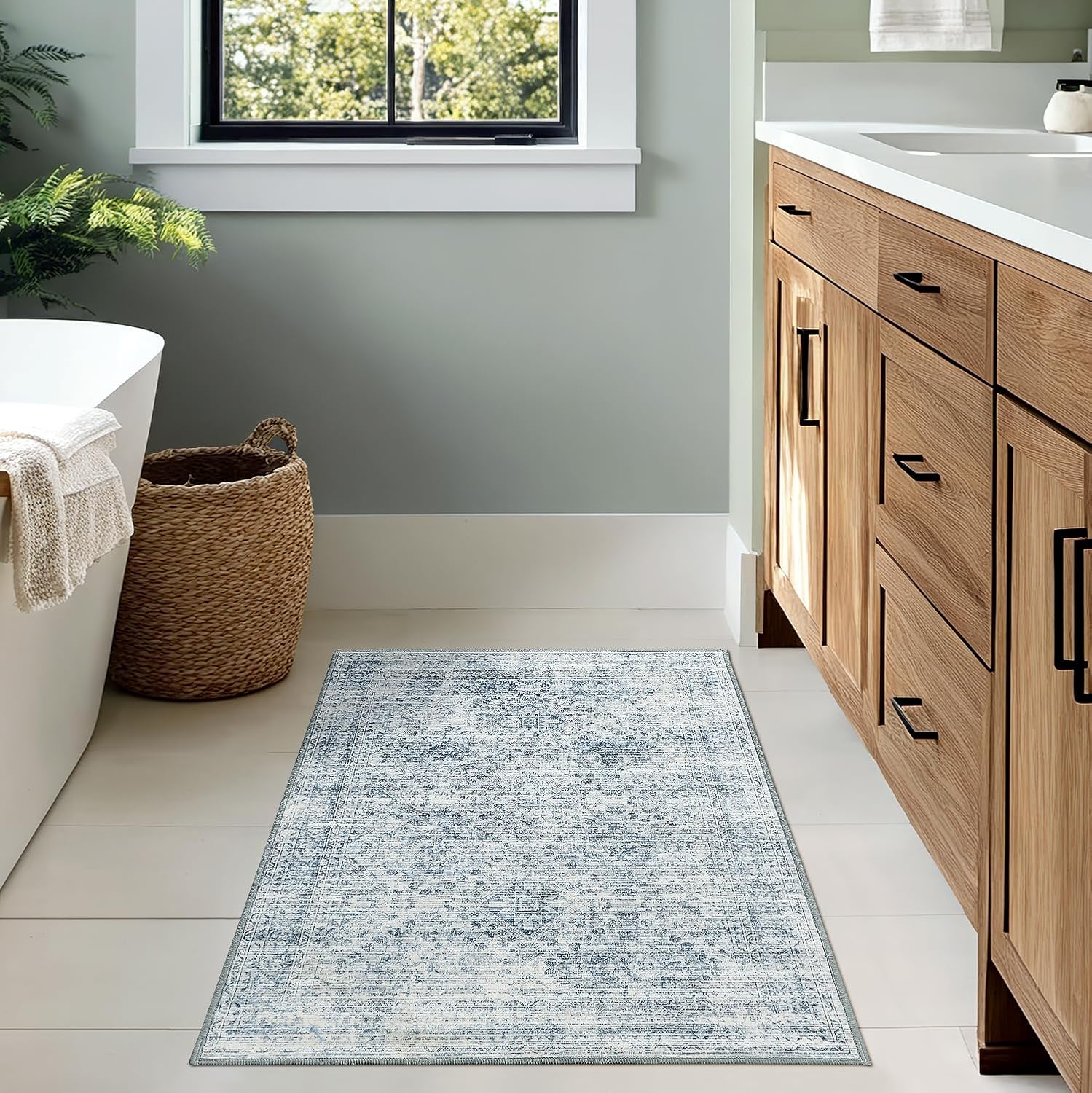 2X3 Washable Entry Rug Door Mat Indoor Entrance, Small Rug for Kitchen Bathroom Bedroom, Non-Slip Stain Resistant Throw Carpet Boho Entryway Decor, Blue