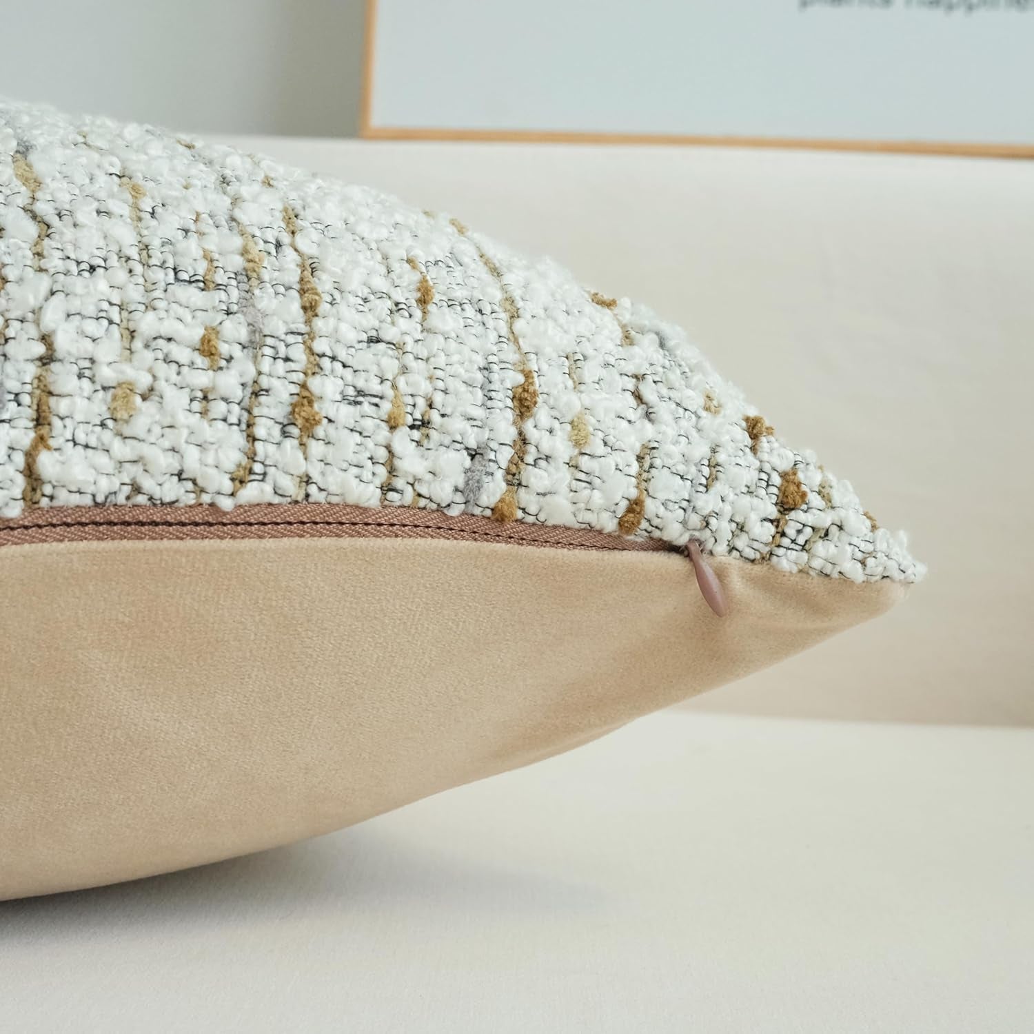Pack of 2 Textured Bouclel Decorative Throw Pillow Covers Farmhouse Boho Home Decor Striped Corduroy Square Chenille Pillowcases 18 X 18 Inch Beige