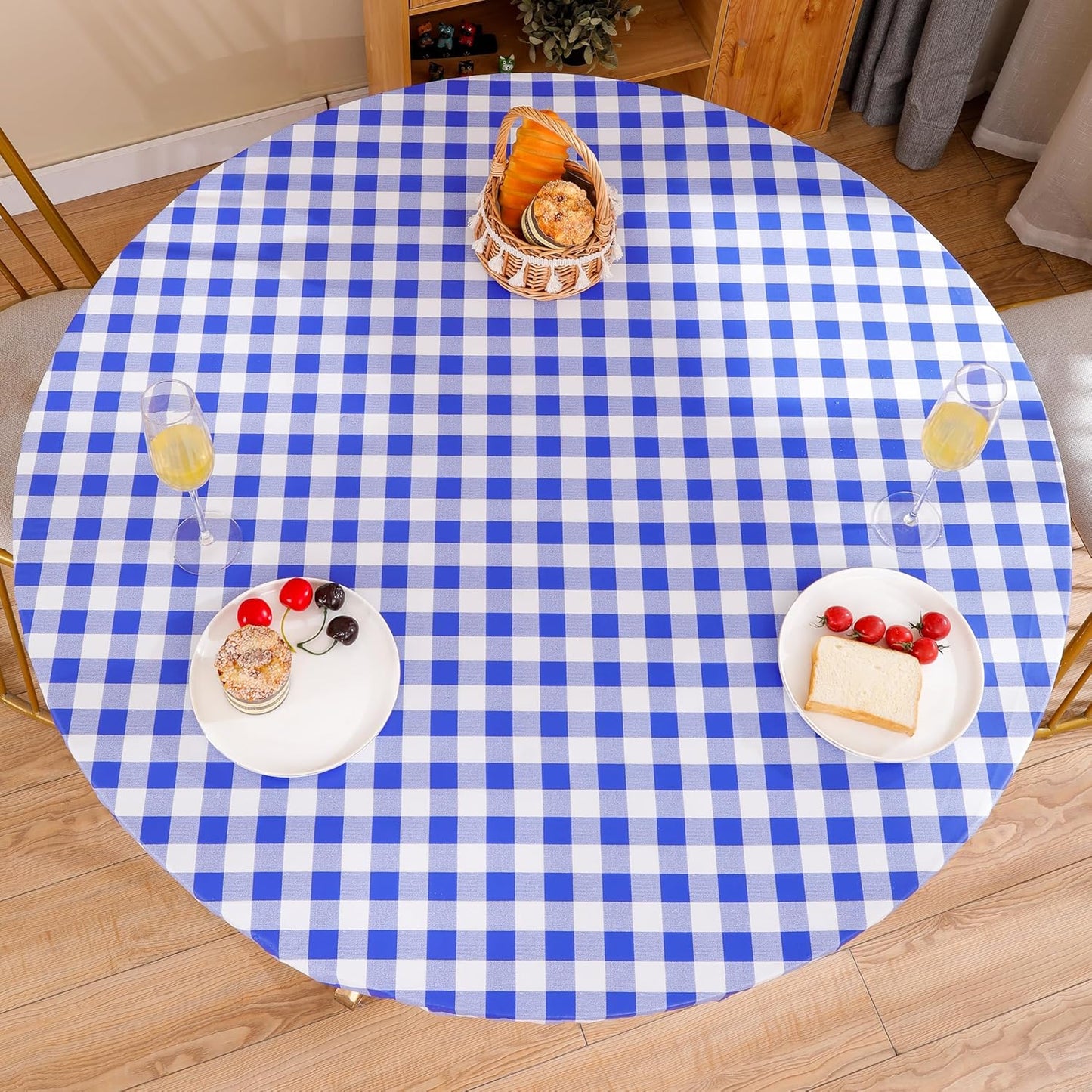 Round Vinyl Fitted Tablecloth with Flannel Backing Elastic Edge Design Table Cover Waterproof Oil-Proof PVC Table Cloth Stain-Resistant Best for 32"-36" Round