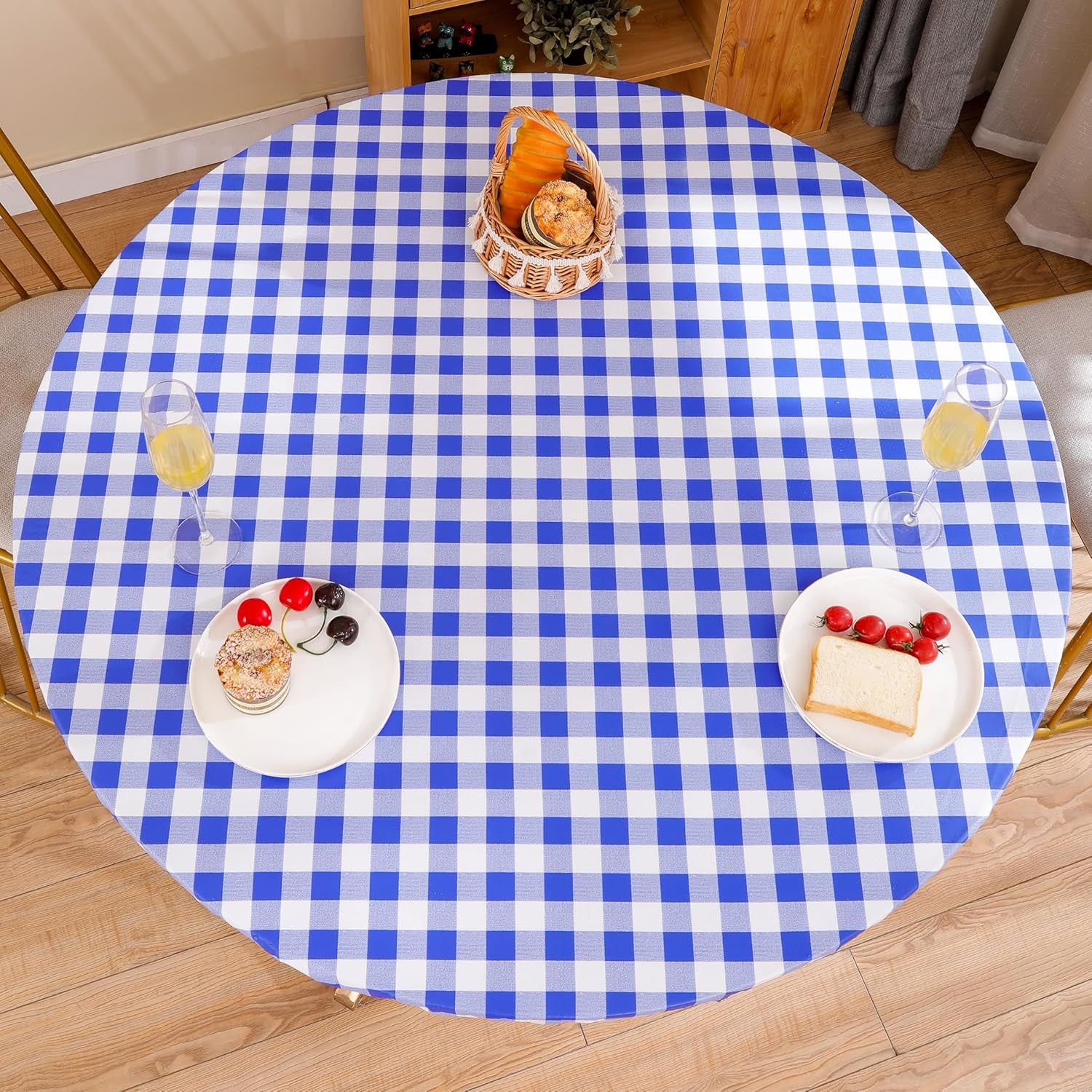 Round Vinyl Fitted Tablecloth with Flannel Backing Elastic Edge Design Table Cover Waterproof Oil-Proof PVC Table Cloth Stain-Resistant Best for 32"-36" Round
