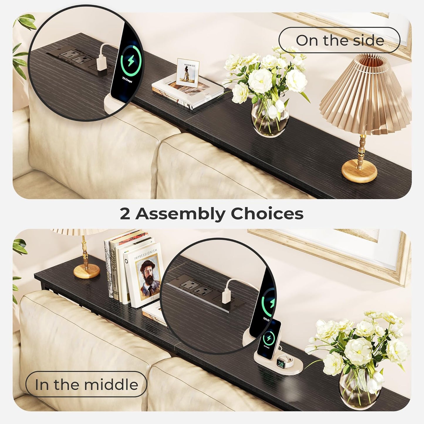 70-Inch Console Table with Outlets and USB-C Port, Extra Long X-Shaped Design for Entryway and Living Room, Metal Frame with Wooden Top, Black Finish