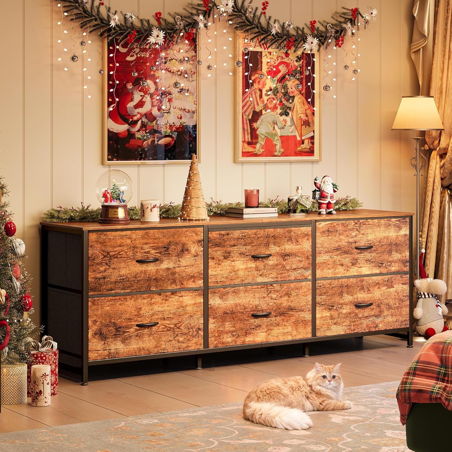 63-Inch Rustic Brown Dresser and TV Stand, Suitable for 55 to 70 Inch TVs, Featuring 6 Fabric Drawer Storage for Bedroom and Entryway Organization