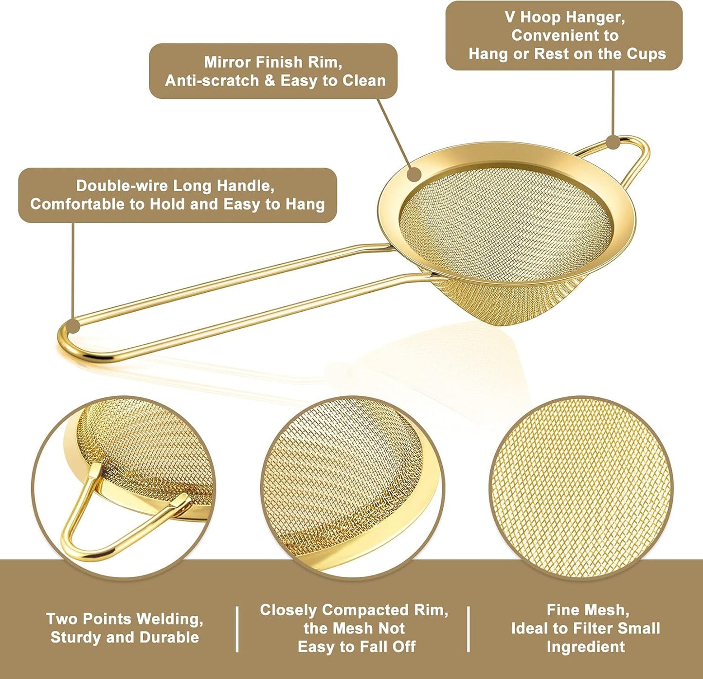 Conical Fine Mesh Strainer Set of 2, 3.3” Stainless Steel Tea Strainer Sieve with Long Handle for Kitchen & Bar, Filtering Tea, Coffee, Cocktail, Dishwasher Safe, (Gold)