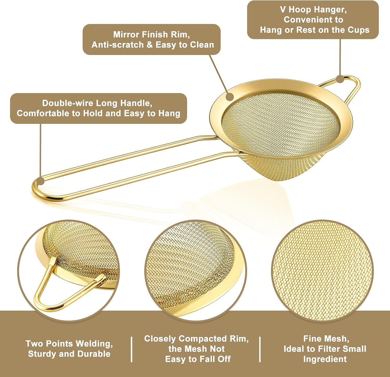 Conical Fine Mesh Strainer Set of 2, 3.3” Stainless Steel Tea Strainer Sieve with Long Handle for Kitchen & Bar, Filtering Tea, Coffee, Cocktail, Dishwasher Safe, (Gold)