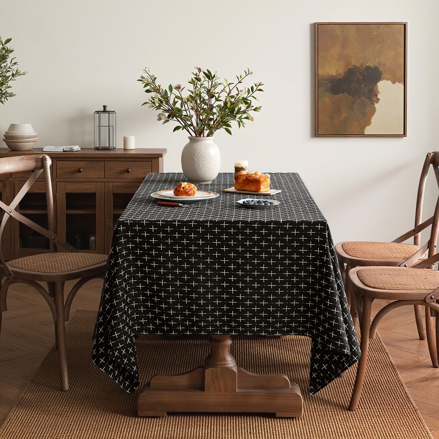 Black Linen Table Cloth Rectangle Tablecloth Waterproof Spillproof Cross-Star Textured Table Cloth, Decorative Rustic Farmhouse Style for Dining/Party/Buffet/Wedding,52X70 Inch