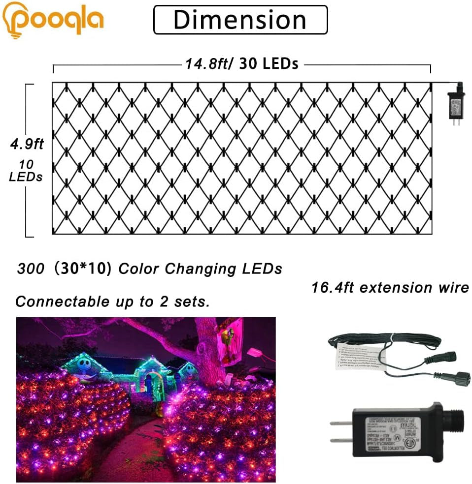Halloween Net Lights Outdoor Decoration, 14.8X4.9 Ft 300LED Orange Purple Halloween Lights 8 Modes Connectable Twinkle Fairy Mesh Light for Bushes Tree Party Yard Garden Decoration