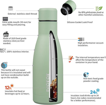 12Oz Water Bottles Stainless Steel Double Wall Vacuum Insulated Small Water Bottles for Travel,Macaron Green