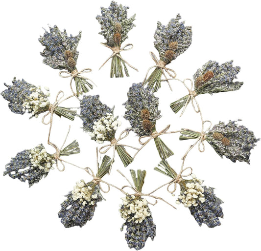 12Pcs Lavender Bouquet, Mini Dried Flower Bouquet, Groom & Best Man Corsage. (Lavender)