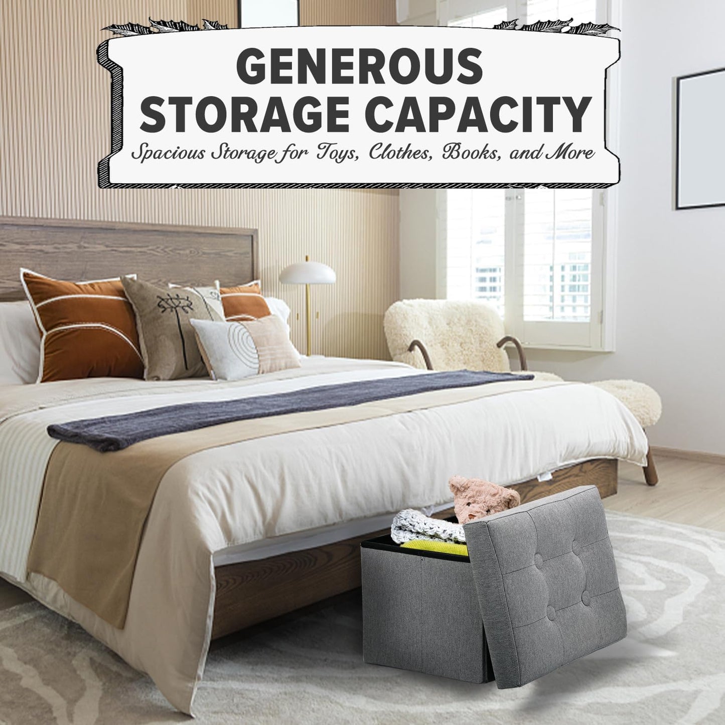 Compact Linen Storage Ottoman and Footrest in Light Gray - 16"x12"x12