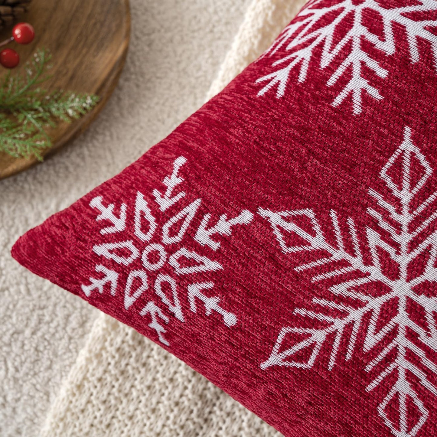 Christmas 2 Pack Red Chenille Throw Pillow Covers Soft Pillow Cases with Snowflake Embroidery Morden for Holiday Decoration Sofa Couch Bedroom Home Decor,18X18 Inch