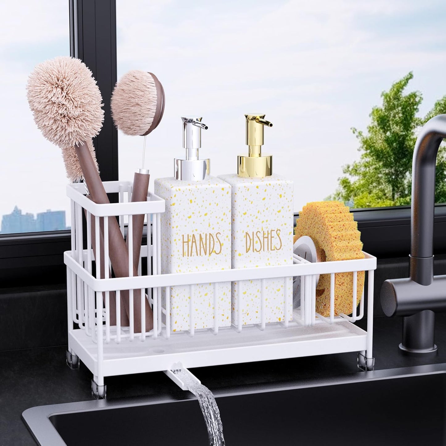 Dish Soap Dispenser, 12 Fl Oz Dual Kitchen Soap Dispensers with Sponge Holder, Pump Glass Bottle Kitchen Soap Dispenser Set, Modern Hand and Dish Soap Bottle Set Removable