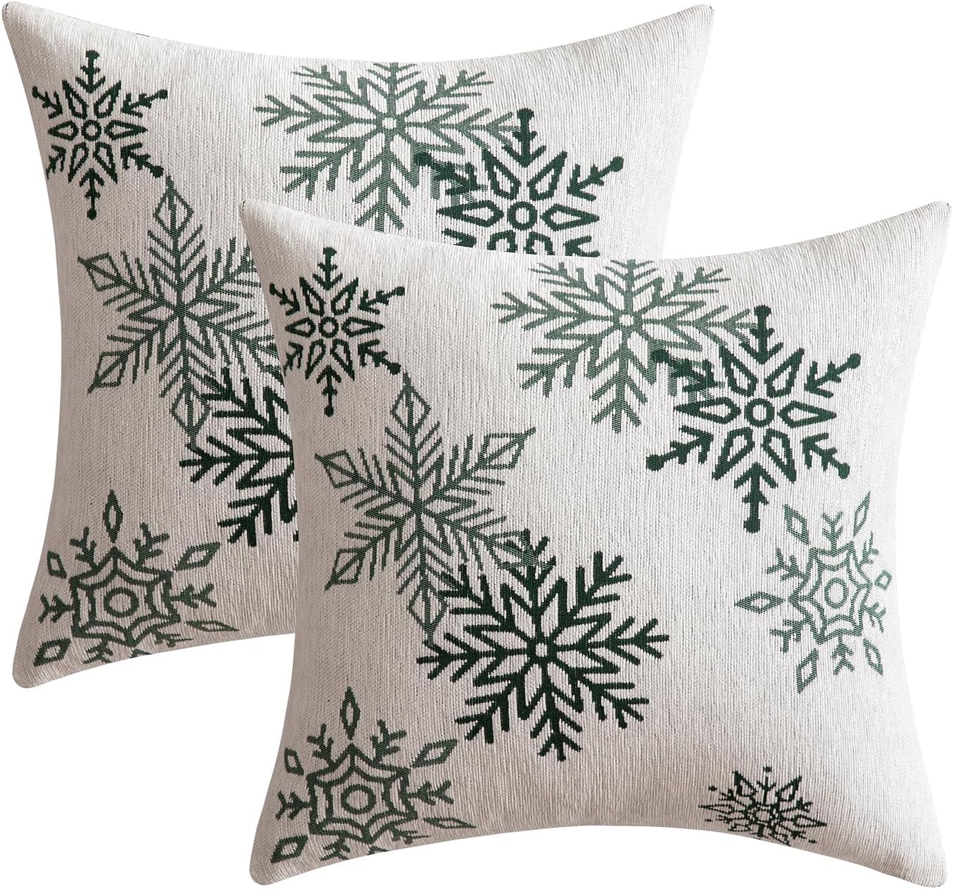 Christmas 2 Pack White and Green Chenille Throw Pillow Covers Soft Pillow Cases with Snowflake Embroidery Morden for Holiday Decoration Sofa Couch Bedroom Home Decor,18X18 Inch