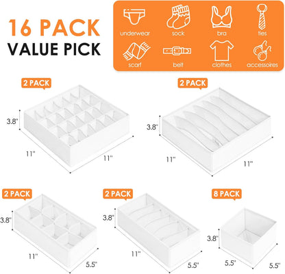 Drawer Organizer Clothes, 16 Pack Dresser Organizer Bins for Baby Clothes, Underwear Sock, Fabric Closet Organization and Storage Dividers for Nursery Bedroom (96 Compartments, White)