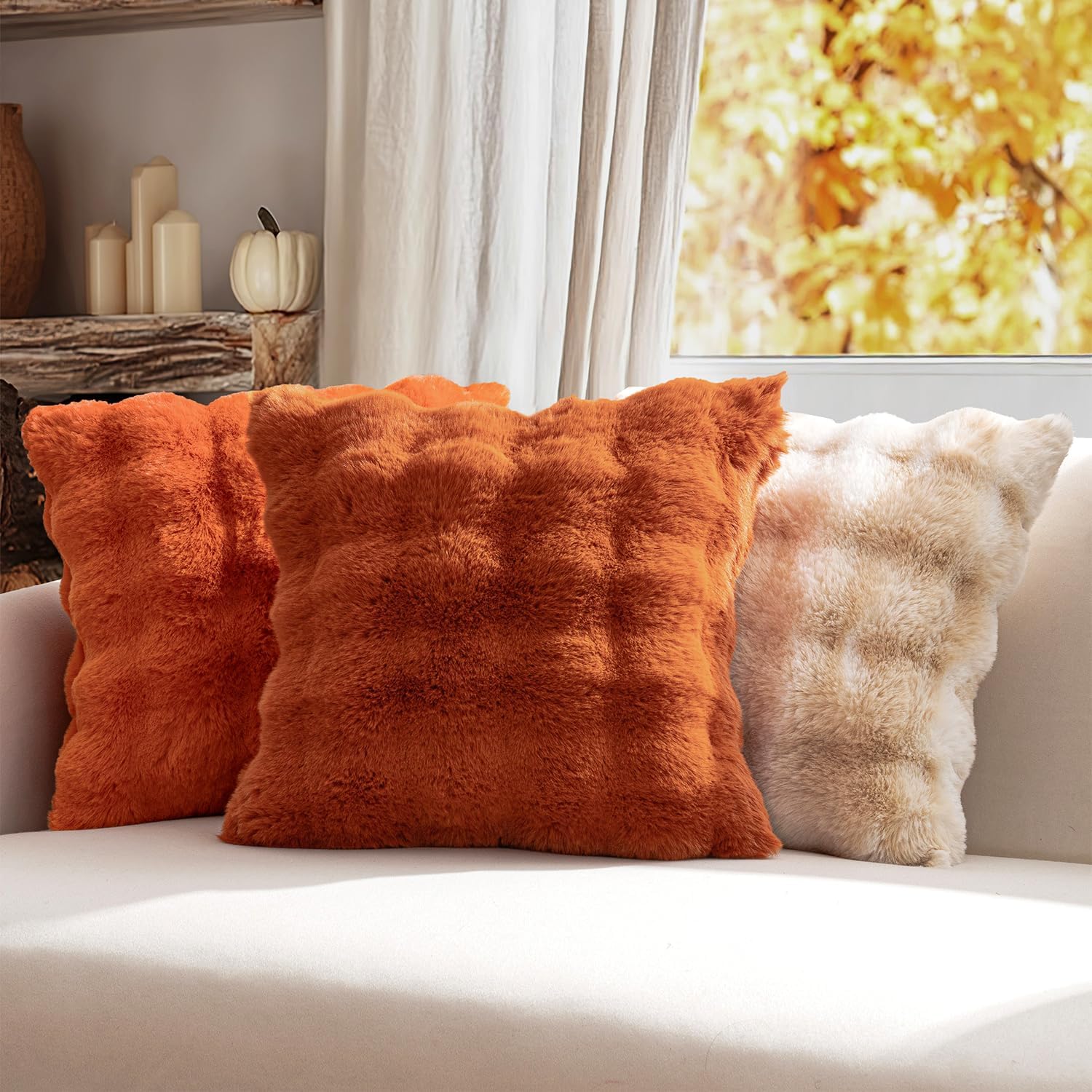Pack of 2 Decorative Pillow Covers Fall Thick Soft Plush Faux Fur Throw Pillows Luxury Home Decor for Couch Bedroom Living Room Sofa,20X20 Inch Rust