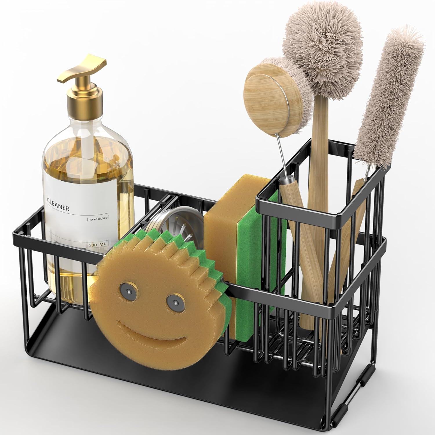 Sink Caddy with Smiley Face Sponge Holder, 304 Stainless Steel Rustproof(Black)