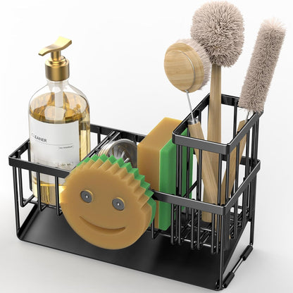 Sink Caddy with Smiley Face Sponge Holder, 304 Stainless Steel Rustproof(Black)
