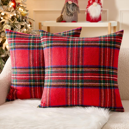 Christmas Plaid Decorative Throw Pillow Covers Set of 2 Scottish Tartan Vintage Farmhouse Winter Cuhion Case Pillow Covers for Couch Livingroom Sofa Bed Porch Home Decor 18X18Inch Red