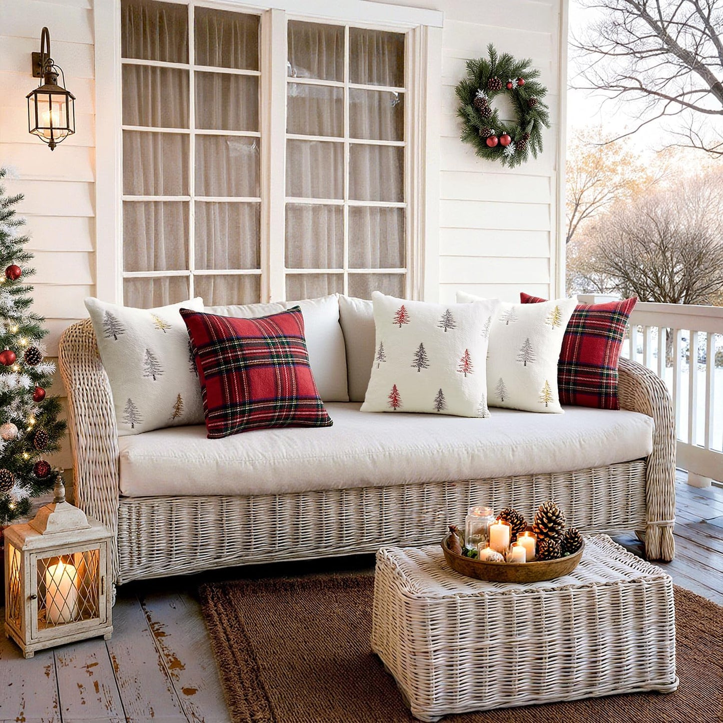 Christmas Decorative Pillow Covers Set of 2 Faux Fur Throw Pillows with Embroidered Christmas Tree 18X18 Inch White Gold Winter Couch Covers for Festival Sofa Bedroom Living Room Home Decor