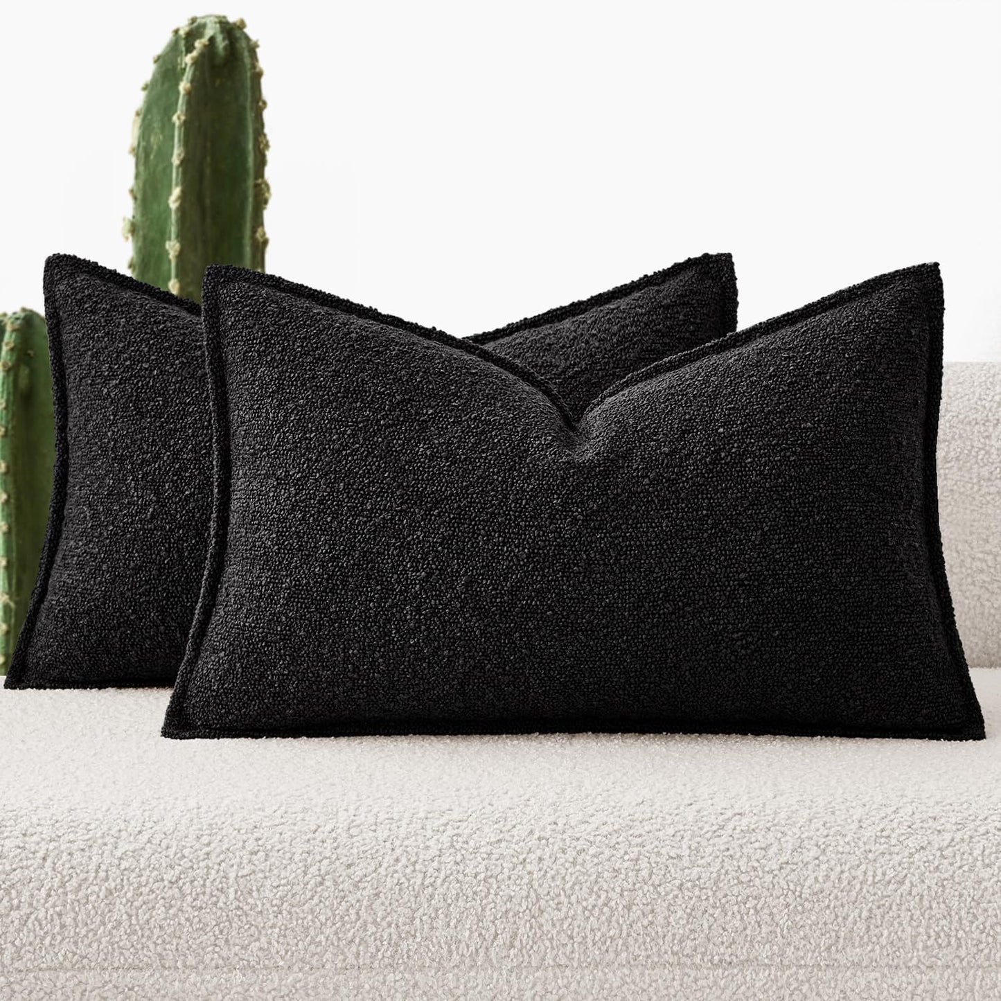 Pack of 2 Decorative Textured Boucle Throw Pillow Covers 12X20 Inch Black Broadside Thick Boho Lumbar Pillows for Farmhouse Accents Sofa Couch Bedroom Living Room Home Decor