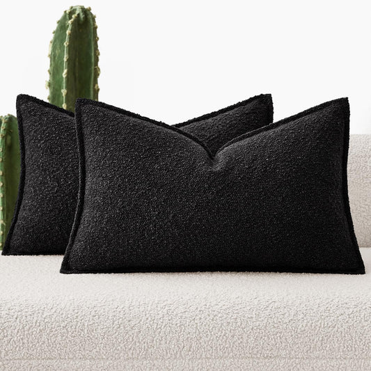 Pack of 2 Decorative Textured Boucle Throw Pillow Covers 12X20 Inch Black Broadside Thick Boho Lumbar Pillows for Farmhouse Accents Sofa Couch Bedroom Living Room Home Decor