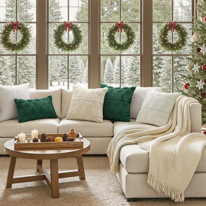 Christmas Throw Pillow Covers 18X18 Set of 2 Christmas Decorations Beige Soft Plush Faux Fur Wool Xmas Tree Snowflakes Pillowcases Holiday Festivals Winter Home Decor Sofa Couch Bed Porch