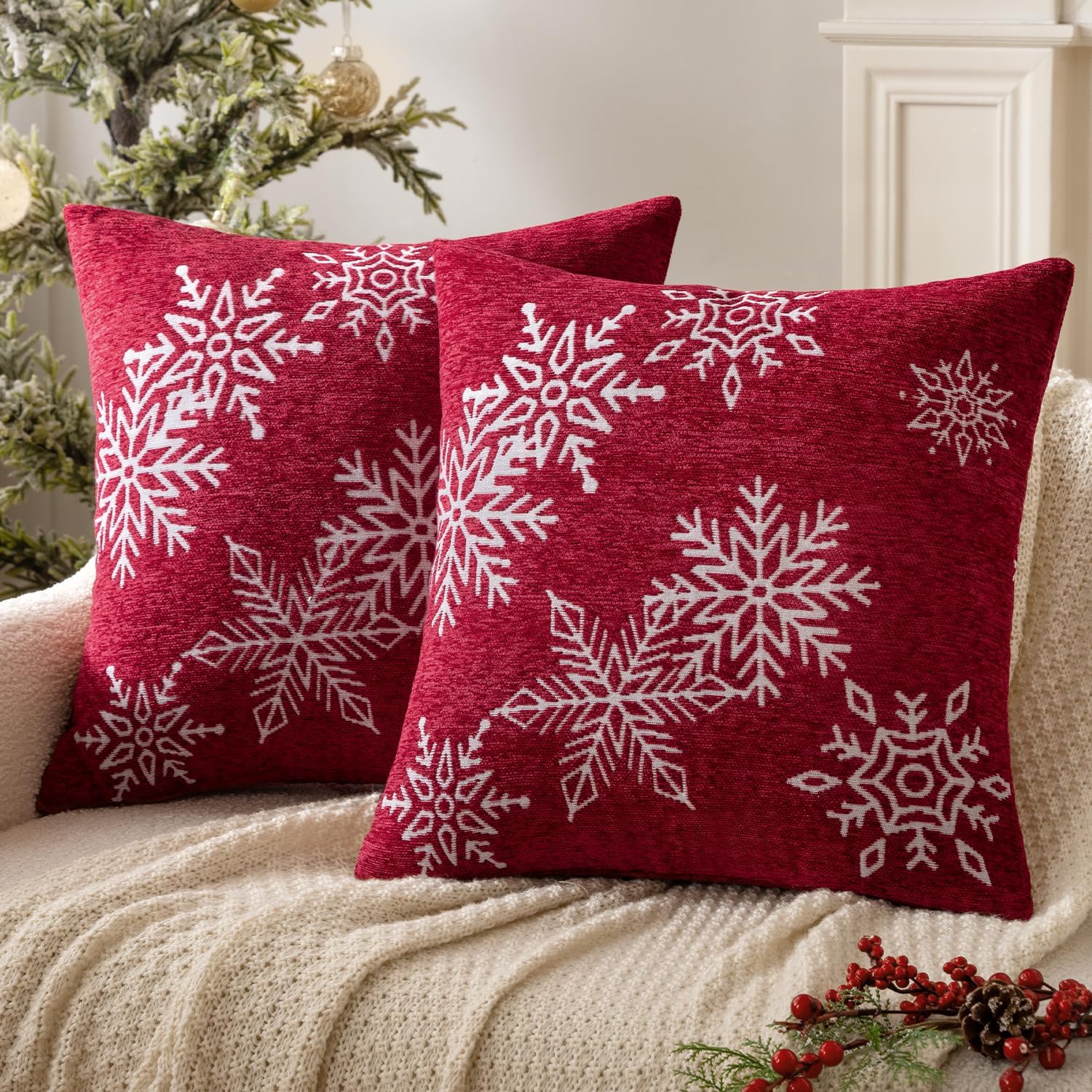 Christmas 2 Pack Red Chenille Throw Pillow Covers Soft Pillow Cases with Snowflake Embroidery Morden for Holiday Decoration Sofa Couch Bedroom Home Decor,18X18 Inch