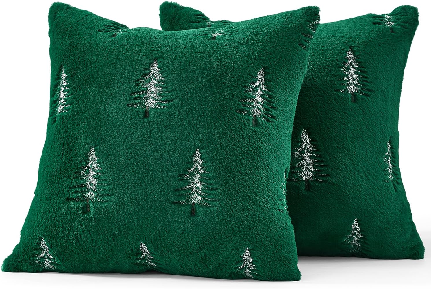 Christmas Decorative Pillow Covers Set of 2 Faux Fur Throw Pillows with Embroidered Christmas Tree 18X18 Inch Green White Winter Couch Covers for Festival Sofa Bedroom Living Room Home Decor
