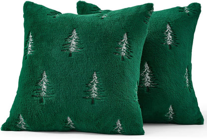 Christmas Decorative Pillow Covers Set of 2 Faux Fur Throw Pillows with Embroidered Christmas Tree 18X18 Inch Green White Winter Couch Covers for Festival Sofa Bedroom Living Room Home Decor