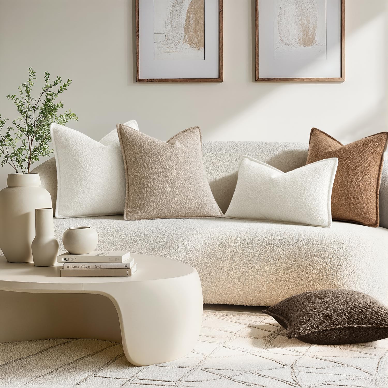 Pack of 2 Decorative Textured Boucle Throw Pillow Covers 18X18 Inch Oatmeal Broadside Thick Boho Pillows for Farmhouse Accents Sofa Couch Bedroom Living Room Home Decor