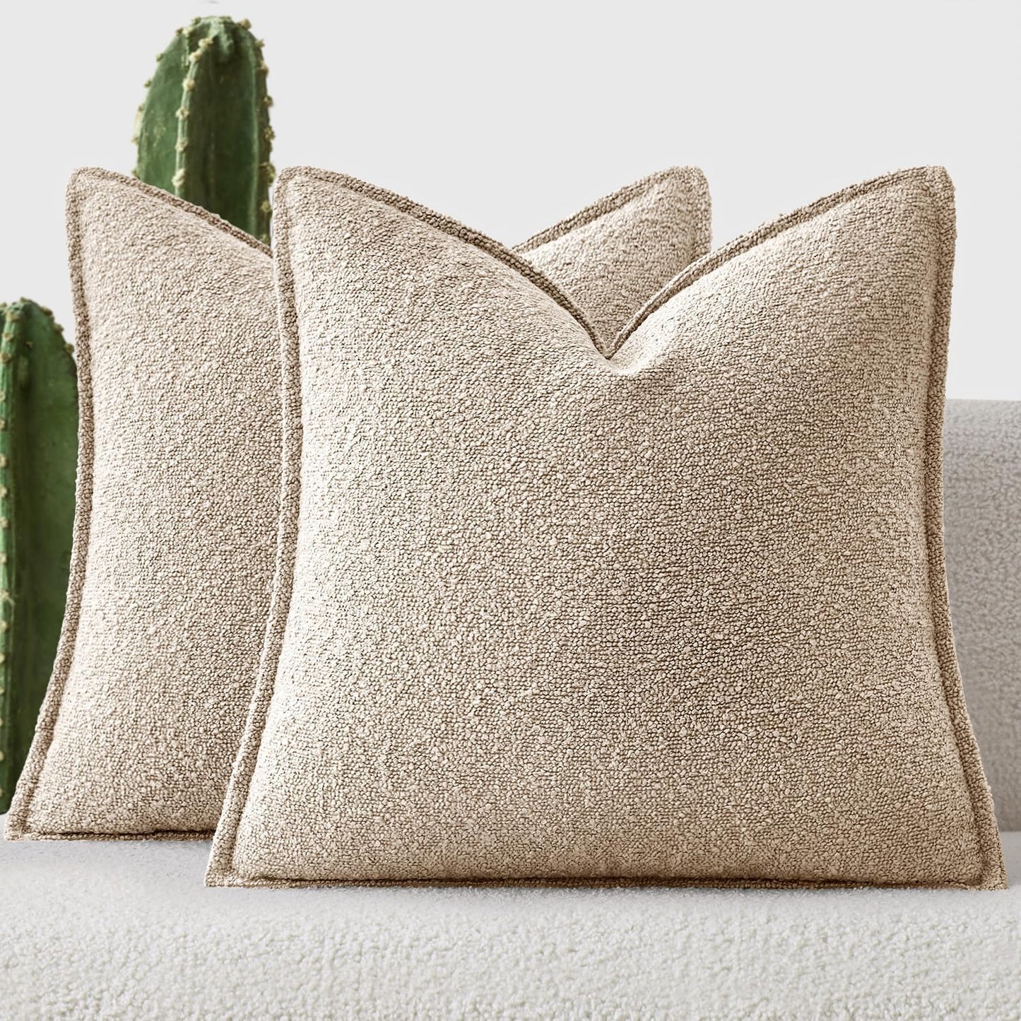 Pack of 2 Decorative Textured Boucle Throw Pillow Covers 18X18 Inch Oatmeal Broadside Thick Boho Pillows for Farmhouse Accents Sofa Couch Bedroom Living Room Home Decor