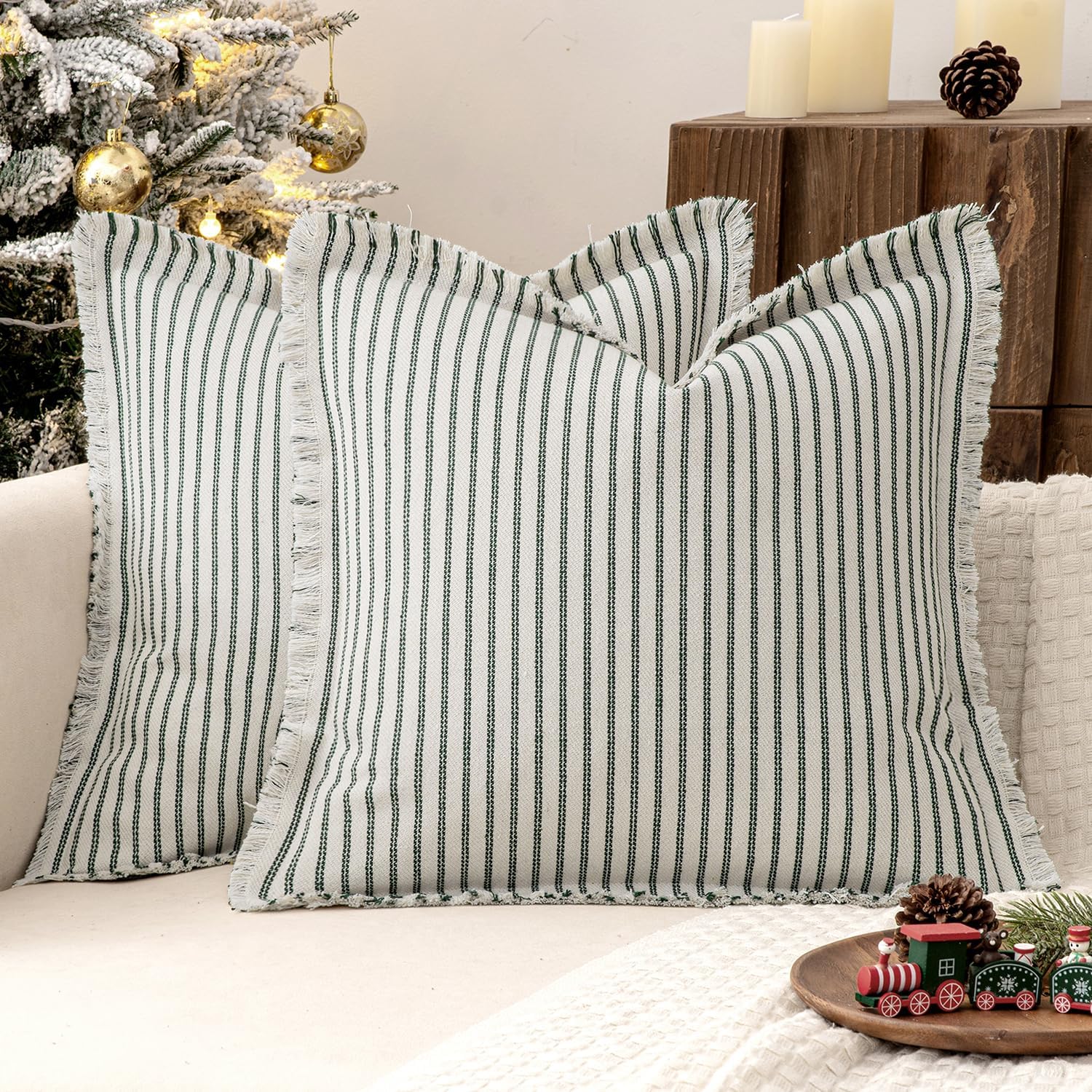 Pack of 2 Christmas Dark Green Pillow Covers 20X20 Inch Striped Farmhouse Couch Throw Pillow Covers with Fringe Chic Linen Decorative Cushion Covers for Sofa Living Room Bed Outdoor Home Decor