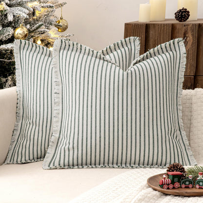Pack of 2 Christmas Dark Green Pillow Covers 20X20 Inch Striped Farmhouse Couch Throw Pillow Covers with Fringe Chic Linen Decorative Cushion Covers for Sofa Living Room Bed Outdoor Home Decor