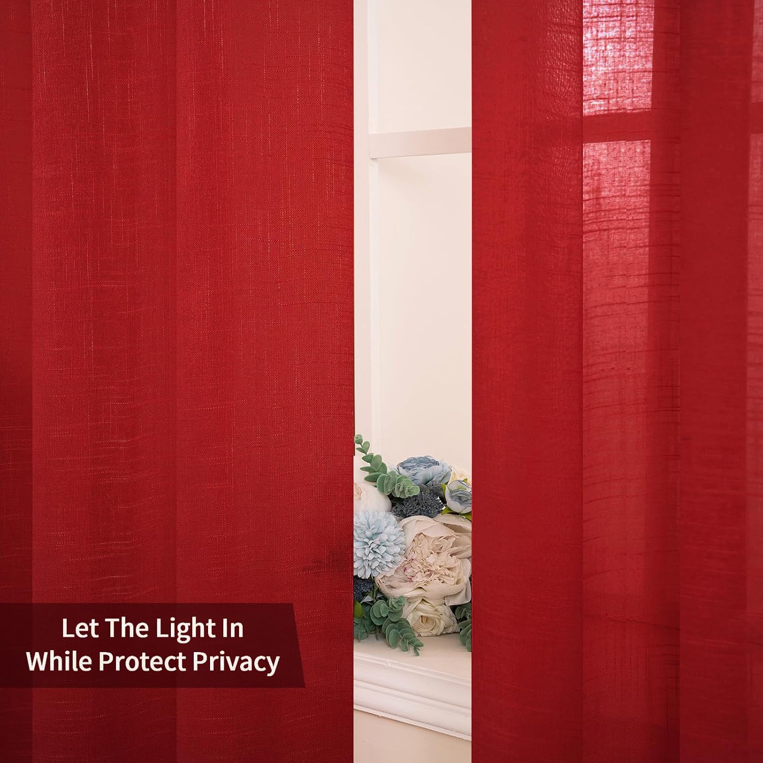 2 Panels Natural Linen Sheer Window Curtains Elegant Red Drapes Grommet Top Window Voile Drapes Linen Textured Panels for Bedroom Living Room (52X90 Inch)