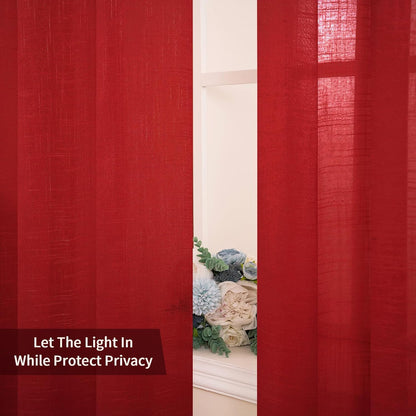 2 Panels Natural Linen Sheer Window Curtains Elegant Red Drapes Grommet Top Window Voile Drapes Linen Textured Panels for Bedroom Living Room (52X90 Inch)