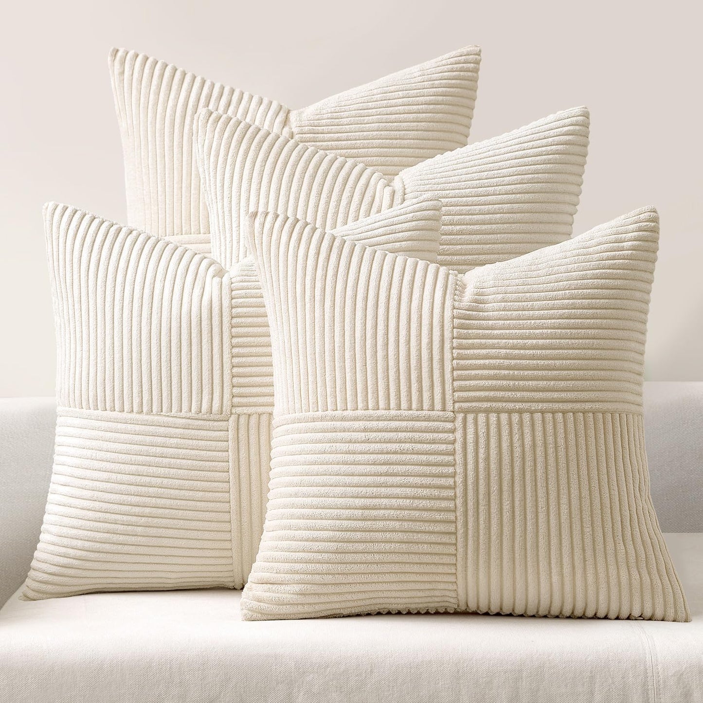 Beige Throw Pillow Covers 16X16 Inch Set of 4 Boho Patchwork Cushion Cases Modern Farmhouse Pillow Cases with Invisible Zipper Corduroy Striped Home Decor for Couch Sofa Bedroom