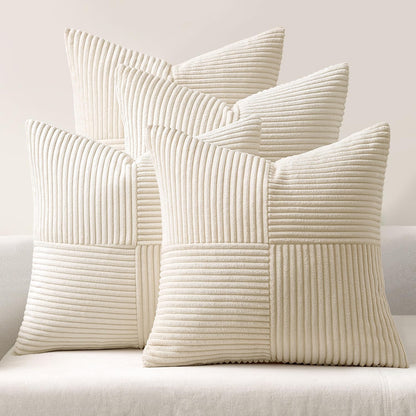 Beige Throw Pillow Covers 16X16 Inch Set of 4 Boho Patchwork Cushion Cases Modern Farmhouse Pillow Cases with Invisible Zipper Corduroy Striped Home Decor for Couch Sofa Bedroom