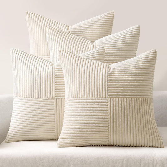 Beige Throw Pillow Covers 16X16 Inch Set of 4 Boho Patchwork Cushion Cases Modern Farmhouse Pillow Cases with Invisible Zipper Corduroy Striped Home Decor for Couch Sofa Bedroom