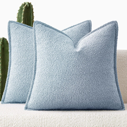 Pack of 2 Decorative Textured Boucle Throw Pillow Covers 18X18 Inch Light Blue Broadside Thick Coastal Boho Pillows for Farmhouse Accents Sofa Couch Bedroom Living Room Home Decor