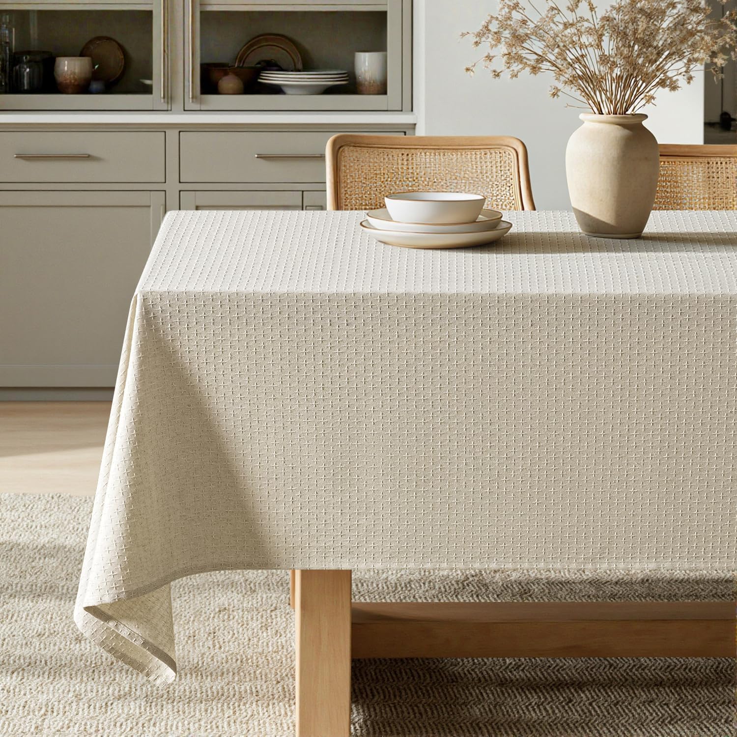 Natural Linen Cottton Table Cloth Rectangle Tablecloth Waterproof Spillproof Cross-Star Textured Table Cltoth Decorative Farmhouse Style for Dining Party Weddings 52X70 Inch