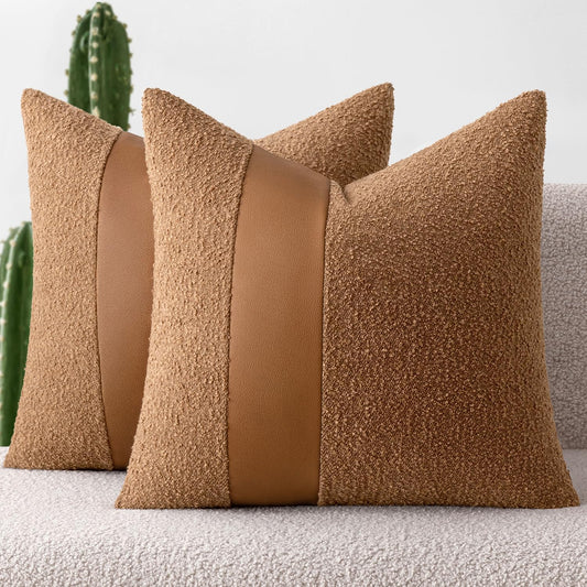 Fall Boucle Throw Pillow Covers 18X18 Inch Set of 2 Brown Faux Leather Textured Decorative Pillow Cases Boho Farmhouse Accents Cushion Covers for Couch Bed Livingroom Home Decor