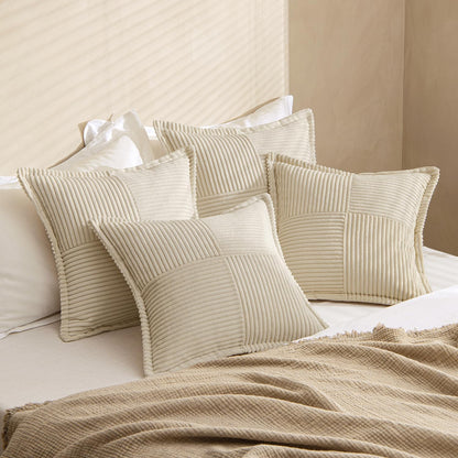 Beige Throw Pillow Covers 18X18 Inch 4 Packs Soft Boho Decorative Pillow Cases Accent Farmhouse Corduroy Patchwork Cushion Cases with Invisible Zipper for Couch Sofa Bed Home Decor