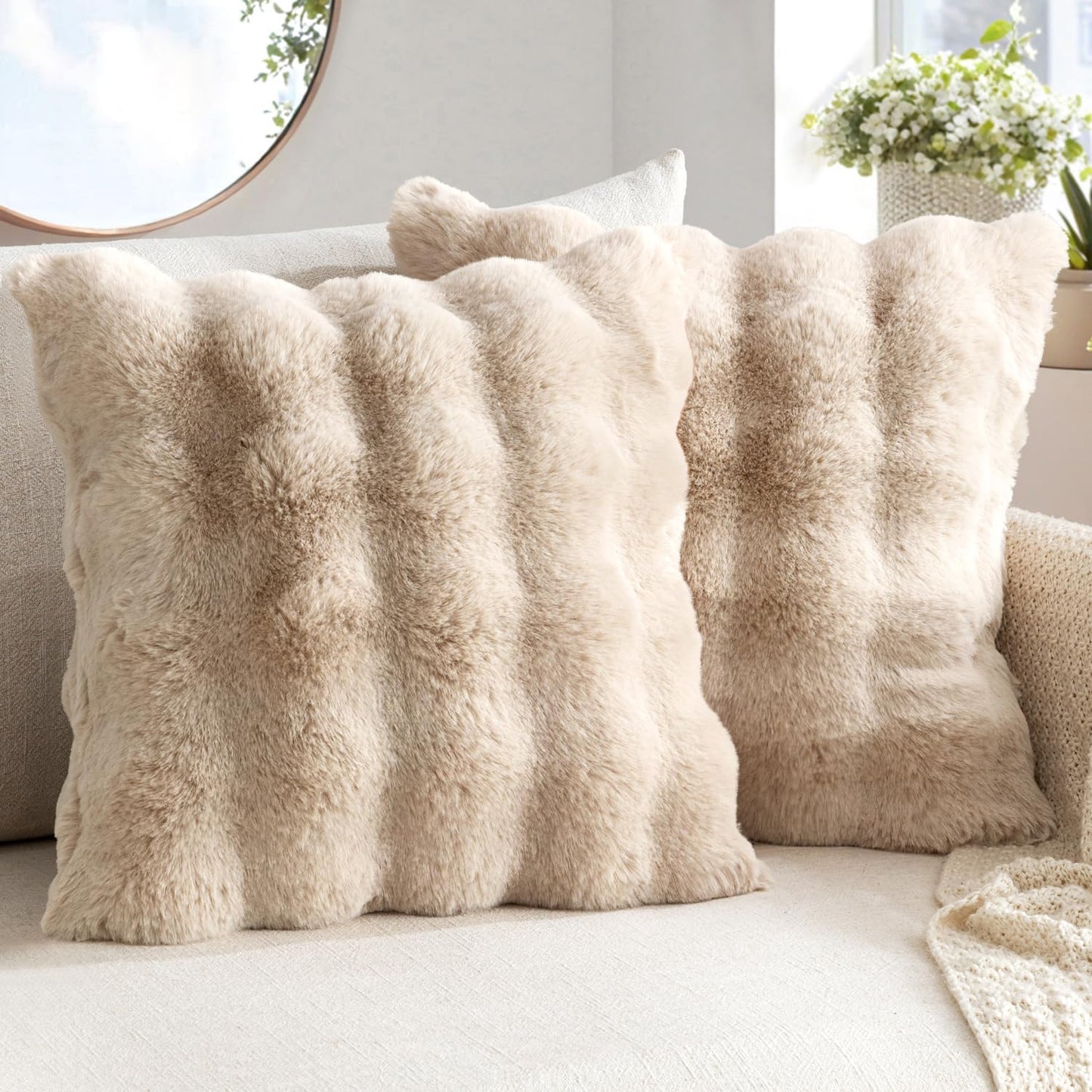 Pack of 2 Decorative Pillow Covers Thick Soft Plush Faux Fur Throw Pillows Luxury Home Decor for Couch Bedroom Living Room Sofa,20X20 Inch Khaki