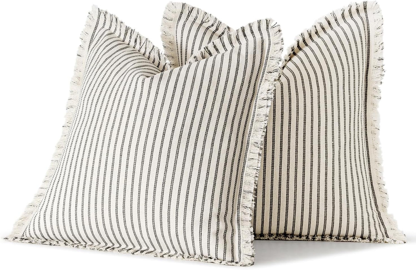 Pack of 2 Gray Pillow Covers 20X20 Inch Striped Farmhouse Couch Throw Pillow Covers with Fringe Chic Linen Decorative Cushion Covers for Sofa Living Room Bed Outdoor Home Decor