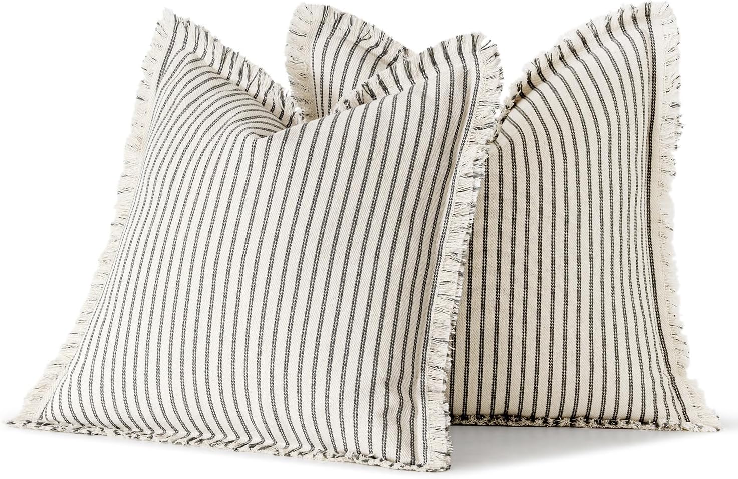 Pack of 2 Gray Pillow Covers 20X20 Inch Striped Farmhouse Couch Throw Pillow Covers with Fringe Chic Linen Decorative Cushion Covers for Sofa Living Room Bed Outdoor Home Decor