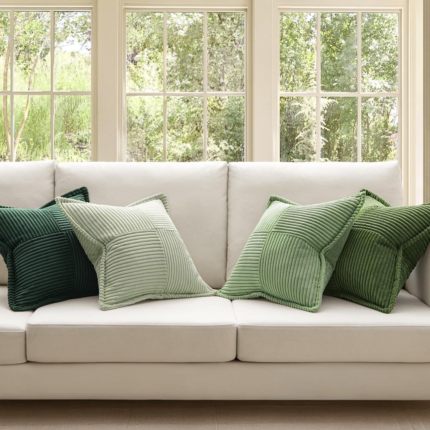 Christmas Green Decorative Throw Pillow Covers 18X18 Inch 4 Packs Soft Boho Farmhouse Pillow Cases Mordern Corduroy Patchwork Cushion Cases for Couch Sofa Bed Gradient Home Decor