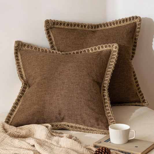 Pack of 2 Decorative Throw Pillow Covers Modern Farmhouse Outdoor Pillow Covers Neutral Linen Burlap Pillowcases Cushions for Couch Bed Living Room Sofa, Brown 18 X 18 Inches 45 X 45 Cm
