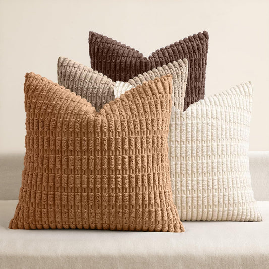 Pack of 4 Neutral Corduroy Decorative Throw Pillow Covers 18X18 Inch for Sofa Living Room Couch Bed Rustic Farmhouse Boho Soft Striped Pillow Covers Home Decor Brown