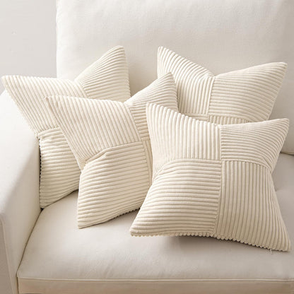 Beige Throw Pillow Covers 16X16 Inch Set of 4 Boho Patchwork Cushion Cases Modern Farmhouse Pillow Cases with Invisible Zipper Corduroy Striped Home Decor for Couch Sofa Bedroom