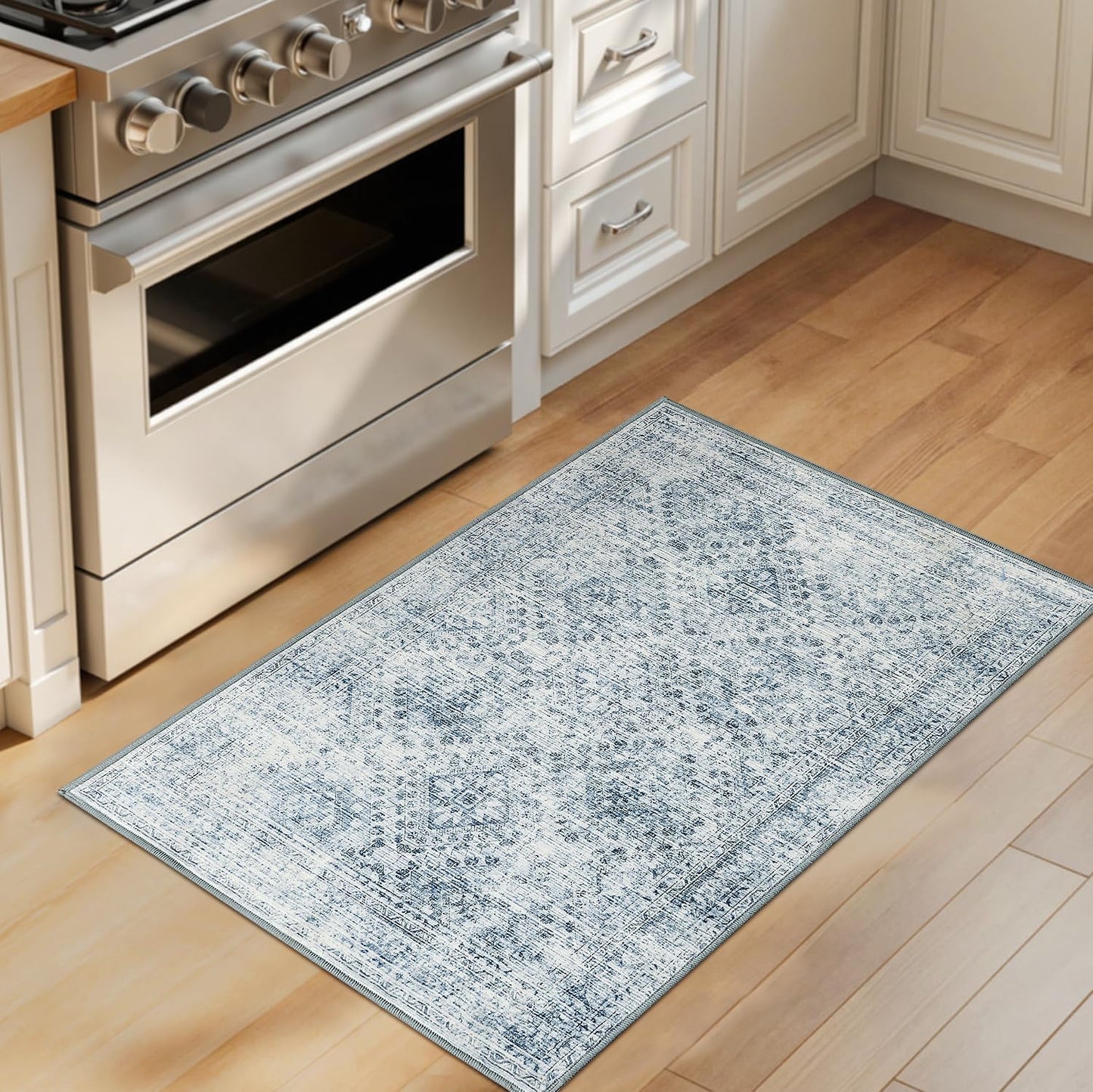 2X3 Washable Entry Rug Door Mat Indoor Entrance, Small Rug for Kitchen Bathroom Bedroom, Non-Slip Stain Resistant Throw Carpet Boho Entryway Decor, Blue