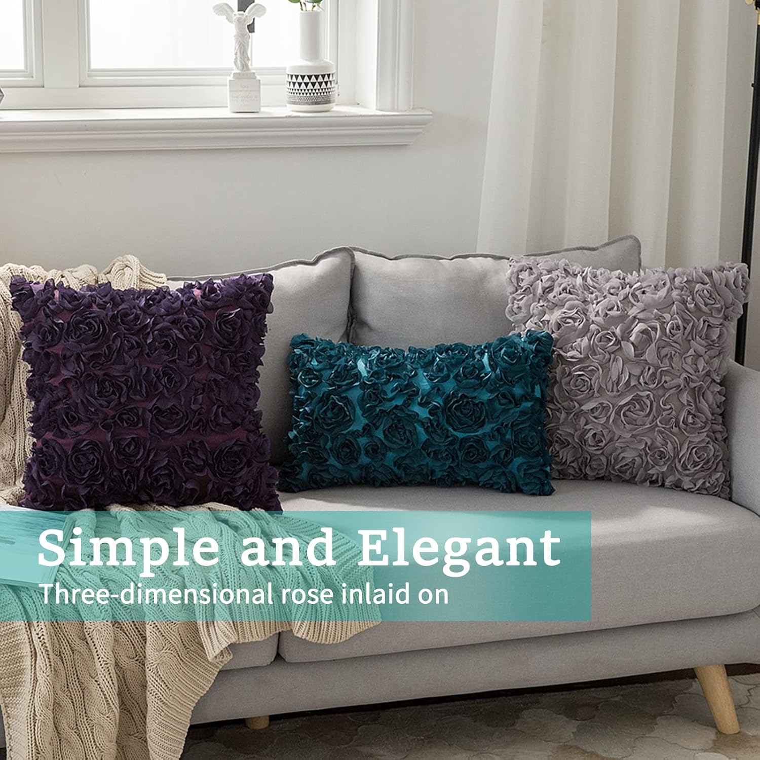 Pack of 2 3D Decorative Romantic Stereo Chiffon Rose Flower Pillow Covers Solid Square Pillowcases for Valentines Day Decoration Sofa Bedroom Car 16X16 Inch 40X40Cm Grey Wedding